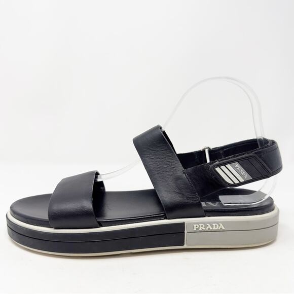 Prada Logo Embossed Rubber Trimmed Leather Sandals in Black - Picture 12 of 15